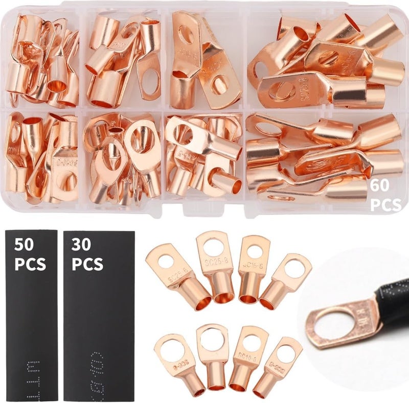 80 Heat Shrink Tubes and 60 Copper Wire Lugs, 140 Pcs Copper Wire Lug Kit, Vehicles, Terminal Connectors Awg12 to Awg4, Battery Cable Lug Ends for Home Appliances, Distribution Boxes - Image 1