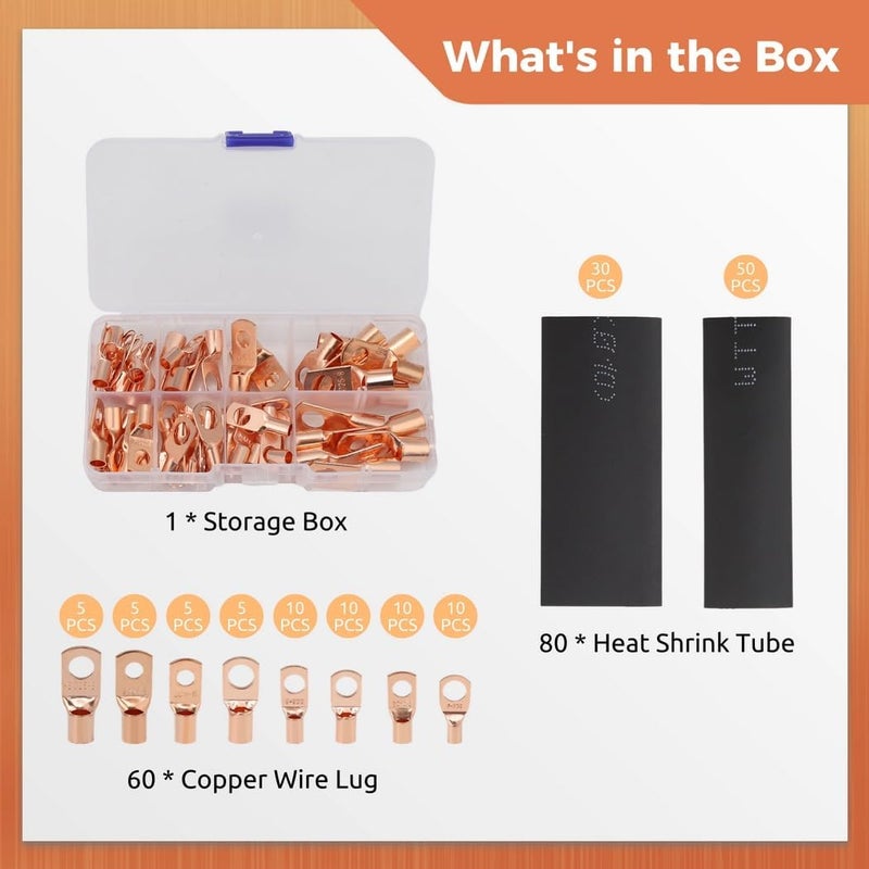 80 Heat Shrink Tubes and 60 Copper Wire Lugs, 140 Pcs Copper Wire Lug Kit, Vehicles, Terminal Connectors Awg12 to Awg4, Battery Cable Lug Ends for Home Appliances, Distribution Boxes - Image 4