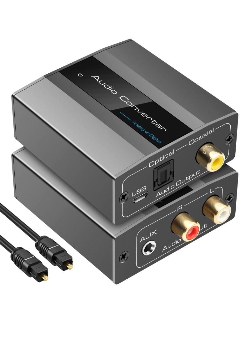 محول صوت تناظري إلى رقمي مع RCA R/L إلى بصري، يتضمن مقبس AUX مقاس 3.5 مم إلى Toslink رقمي ومحول صوت محوري لاستخدام مكبر الصوت. - Image 1