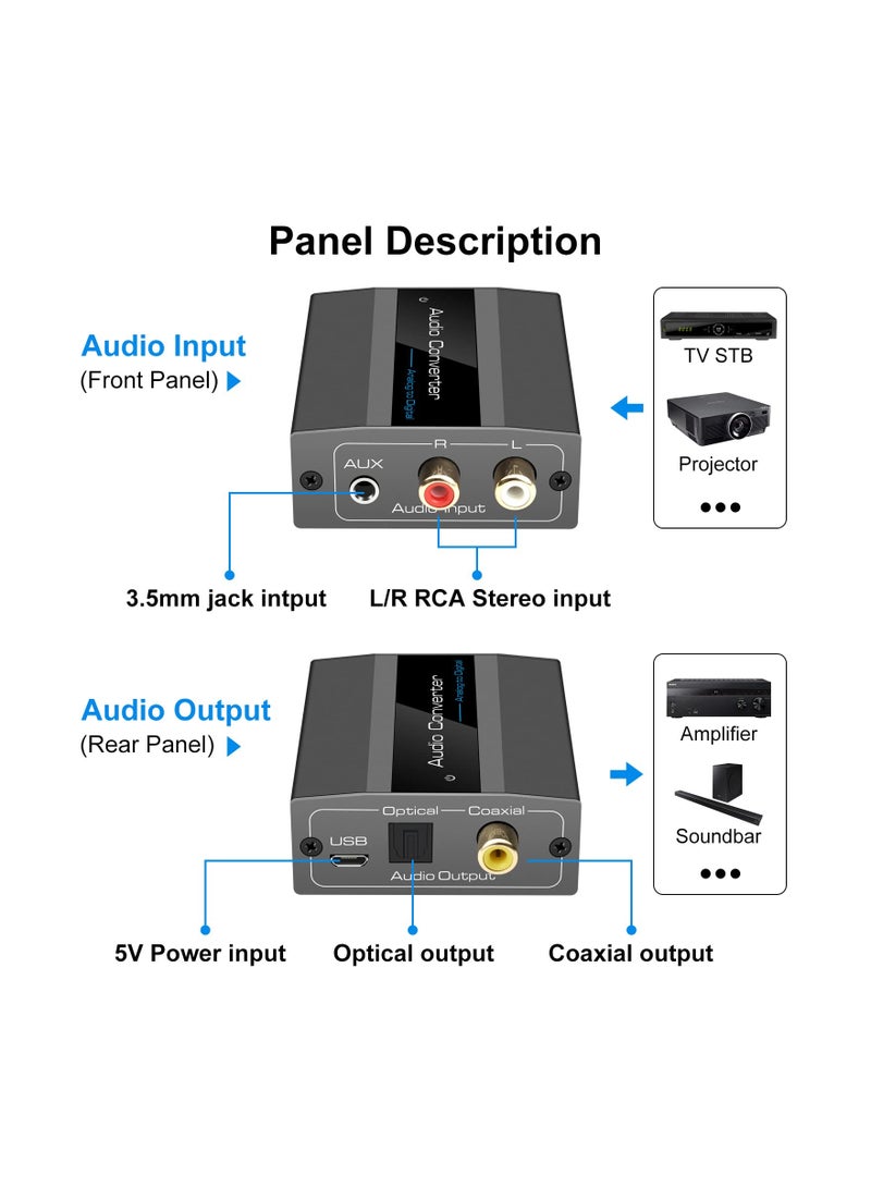محول صوت تناظري إلى رقمي مع RCA R/L إلى بصري، يتضمن مقبس AUX مقاس 3.5 مم إلى Toslink رقمي ومحول صوت محوري لاستخدام مكبر الصوت. - Image 5