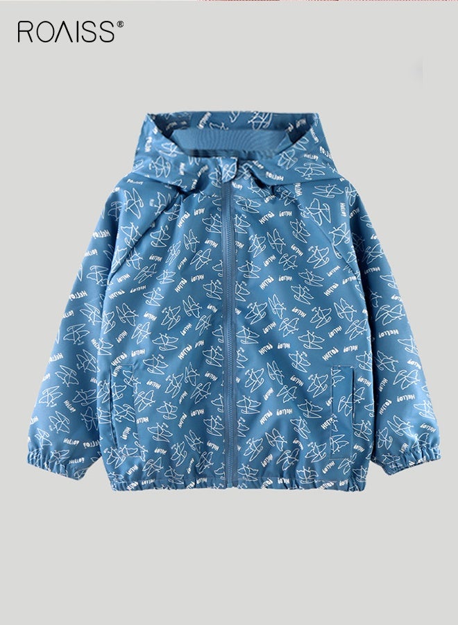 roaiss Toddler Boys Waterproof Hooded Jacket, Full Zip Windbreaker with 2 Side Pockets, Comfortable Full Zip Coat with Adorable Patterns, Long Sleeve Outdoor Jacket for Boys, Suitable for Daily Wear and Other Occasions - Image 1