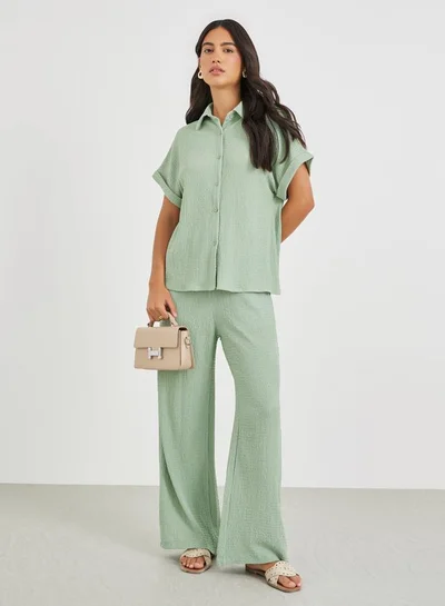 Styli Textured Wide Leg Pants with Drawstring