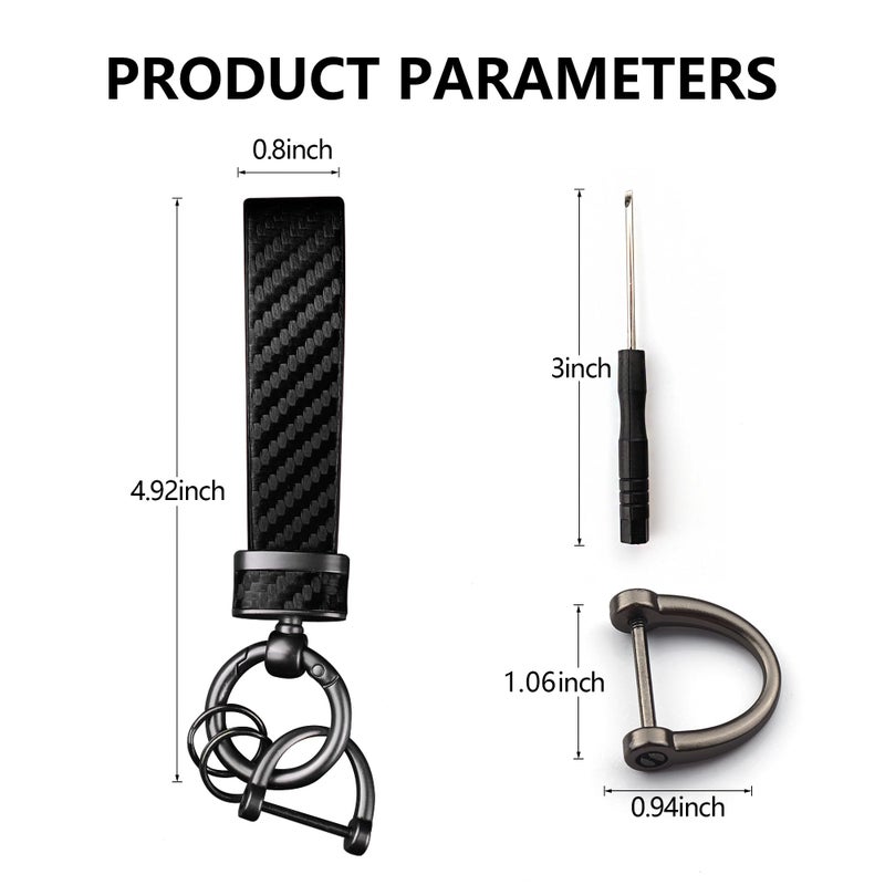 Turcee Leather Car Keychain - Carbon Fiber Interior Key Fob with Anti-Lost D-Ring - Car Accessory Key Ring (Black) - Image 2