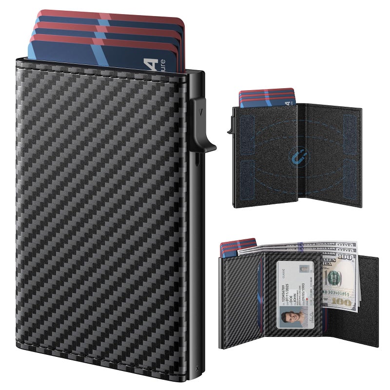 typecase Mens Wallet Card Holder: Pop Up Aluminum Case, Genuine Leather, Smart, RFID Blocking, Slim, Minimalist, Front Pocket - 9-14 Card Capacity | ID Window | Cash Slot (Carbon Fiber) - Image 1