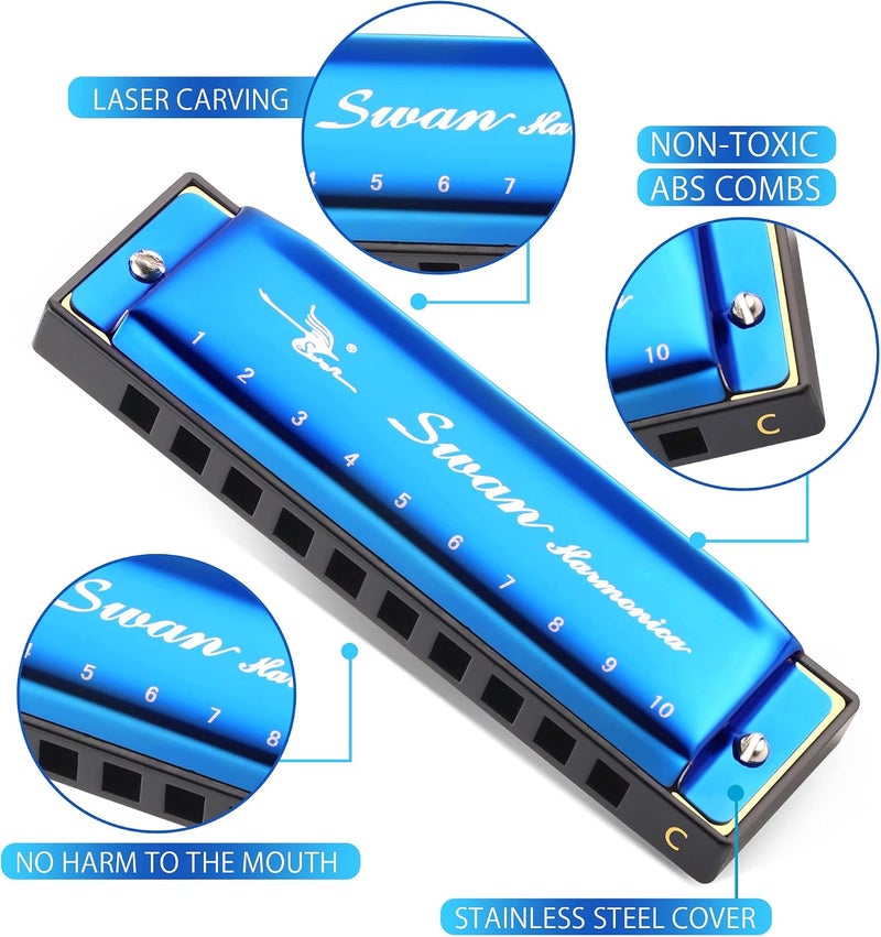 SWAN Blues Harmonica Key of C Mouth Organ Diatonic Harmonica with Case, 10 Hole 20 Tones Stainless Blues Harp for Adults, Beginners and Professional (Sapphire Blue) - Image 3