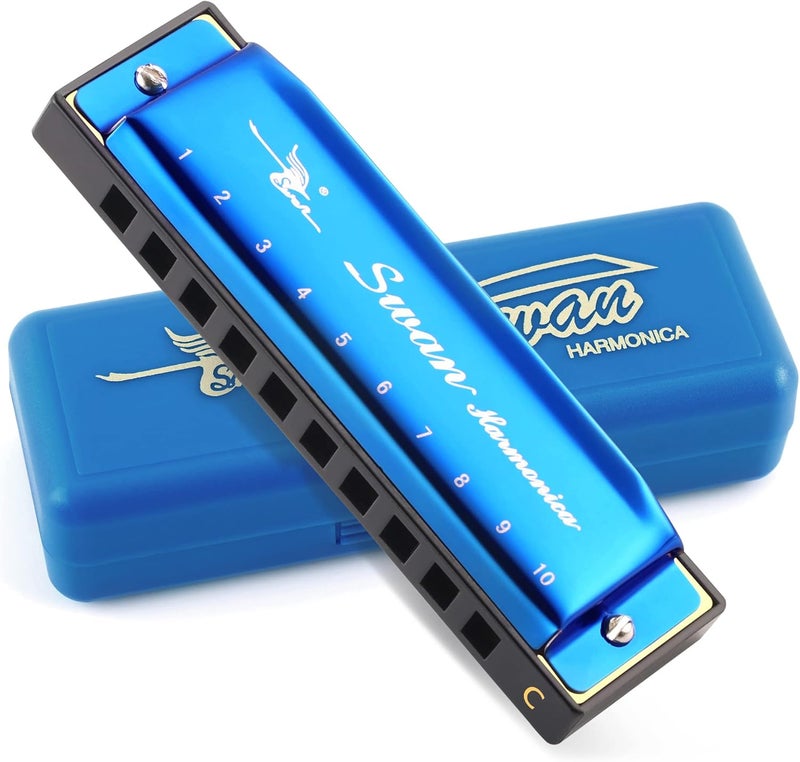 SWAN Blues Harmonica Key of C Mouth Organ Diatonic Harmonica with Case, 10 Hole 20 Tones Stainless Blues Harp for Adults, Beginners and Professional (Sapphire Blue) - Image 1