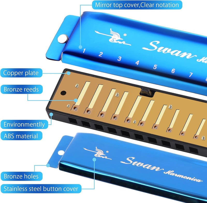 SWAN Blues Harmonica Key of C Mouth Organ Diatonic Harmonica with Case, 10 Hole 20 Tones Stainless Blues Harp for Adults, Beginners and Professional (Sapphire Blue) - Image 5