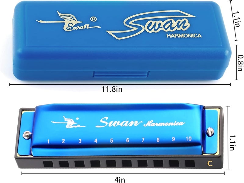 SWAN Blues Harmonica Key of C Mouth Organ Diatonic Harmonica with Case, 10 Hole 20 Tones Stainless Blues Harp for Adults, Beginners and Professional (Sapphire Blue) - Image 2