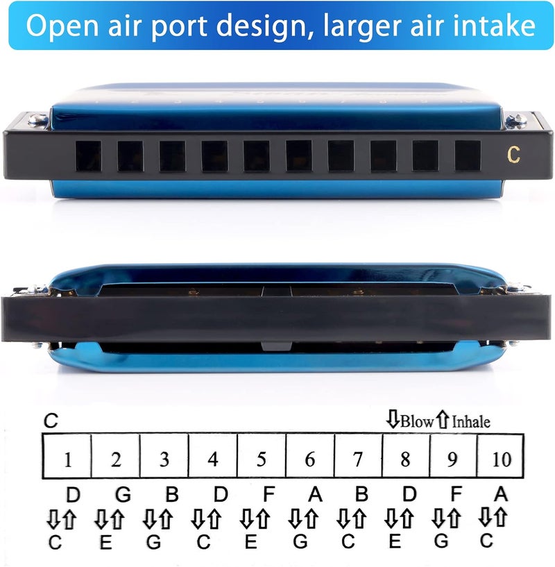 SWAN Blues Harmonica Key of C Mouth Organ Diatonic Harmonica with Case, 10 Hole 20 Tones Stainless Blues Harp for Adults, Beginners and Professional (Sapphire Blue) - Image 4