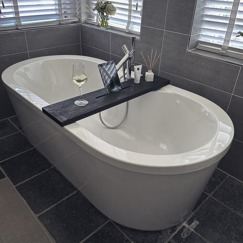 Runam Woods Runam Woods Premium Solid Wood Bathtub Tray for Bathroom Tray with Mobile Holder Handmade Bathtub Shelf Table Spa House Tray Black 110cm  - Image 1