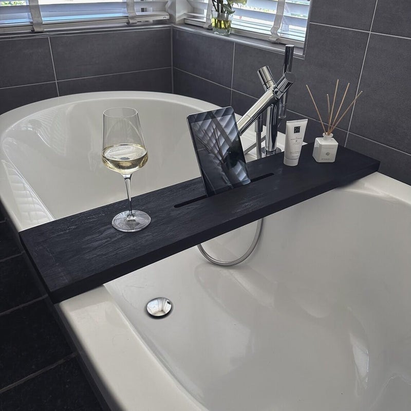 Runam Woods Runam Woods Premium Solid Wood Bathtub Tray for Bathroom Tray with Mobile Holder Handmade Bathtub Shelf Table Spa House Tray Black 110cm  - Image 4