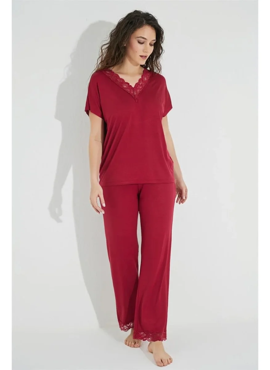 Monamise Women's Red Lace V-Neck Short Sleeve Pajama Set 18495