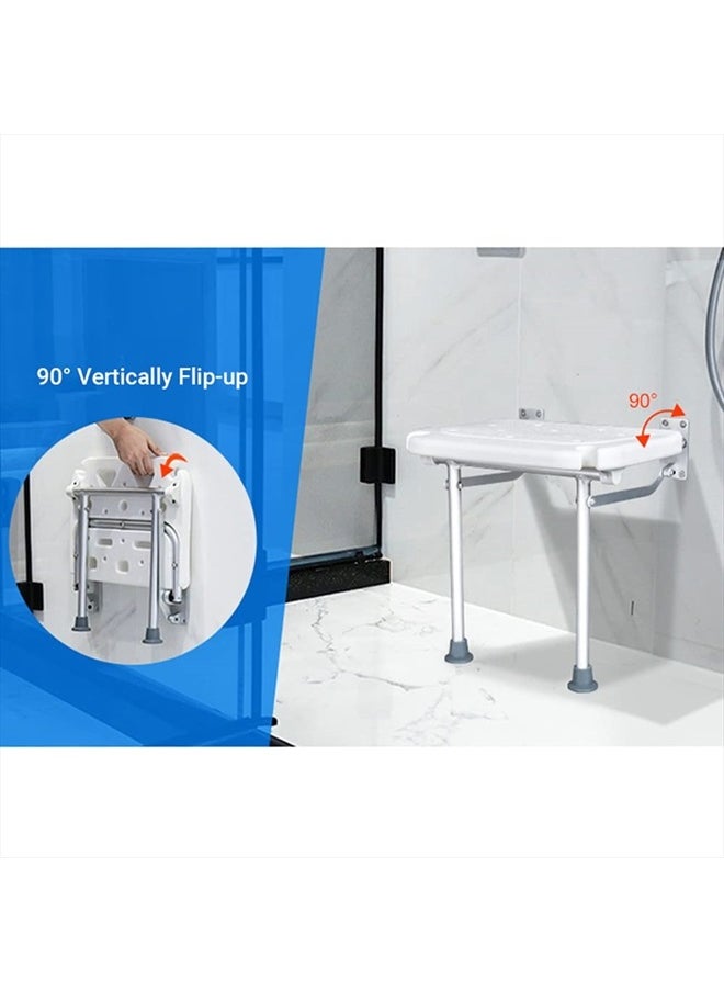 KKnoon - Folding Shower Bench Wall Mounted Flip-up Bath Seat Screw-in Bathroom Chair Stool with Non-Slip Feet Drainage Holes Shower Head Slot for Elderly Seniors Disabled - Image 1