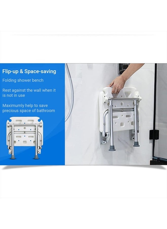 KKnoon - Folding Shower Bench Wall Mounted Flip-up Bath Seat Screw-in Bathroom Chair Stool with Non-Slip Feet Drainage Holes Shower Head Slot for Elderly Seniors Disabled - Image 1