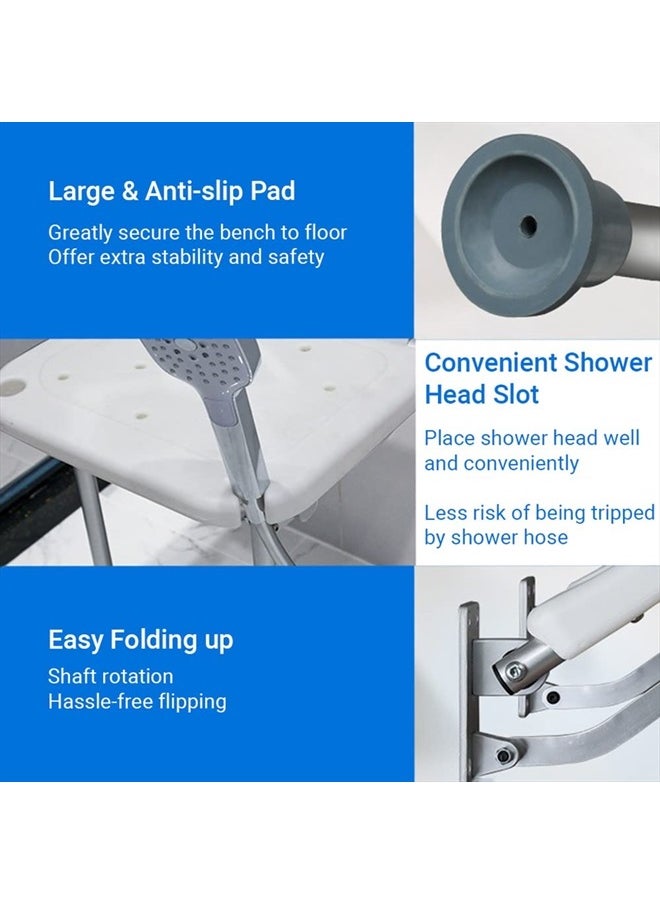 KKnoon - Folding Shower Bench Wall Mounted Flip-up Bath Seat Screw-in Bathroom Chair Stool with Non-Slip Feet Drainage Holes Shower Head Slot for Elderly Seniors Disabled - Image 1