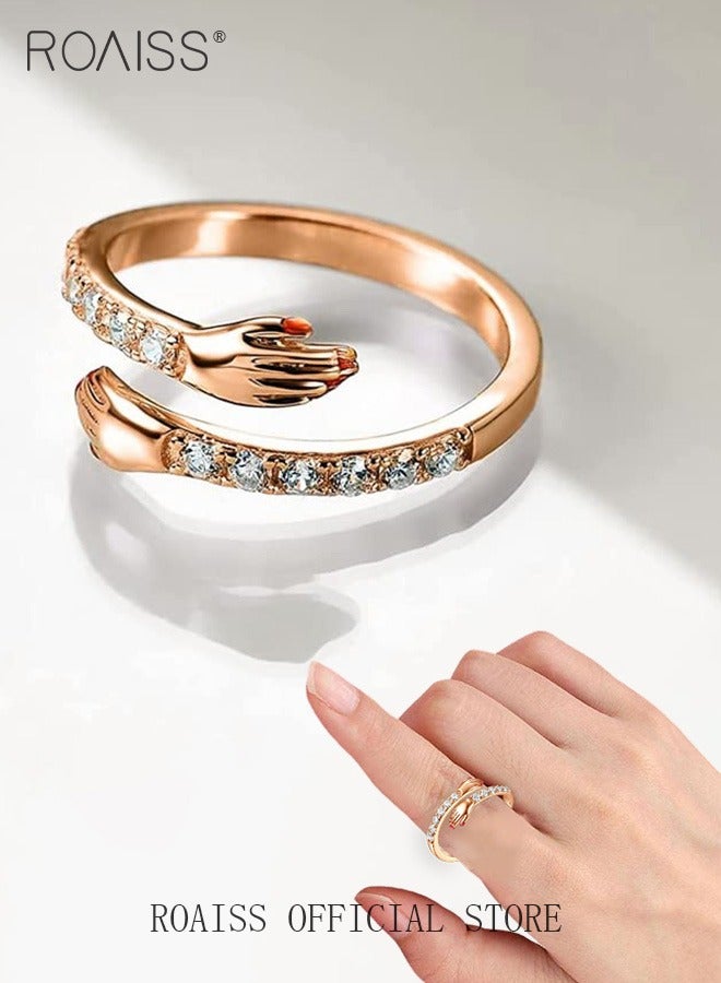 roaiss Women's Fashion Gold Ring, Embrace Design, Diamond-Studded Resin Ring, Adjustable Opening, Stylish Unique Jewelry for Anniversary, Holiday, Birthday Gifts, Rose Gold - Image 4