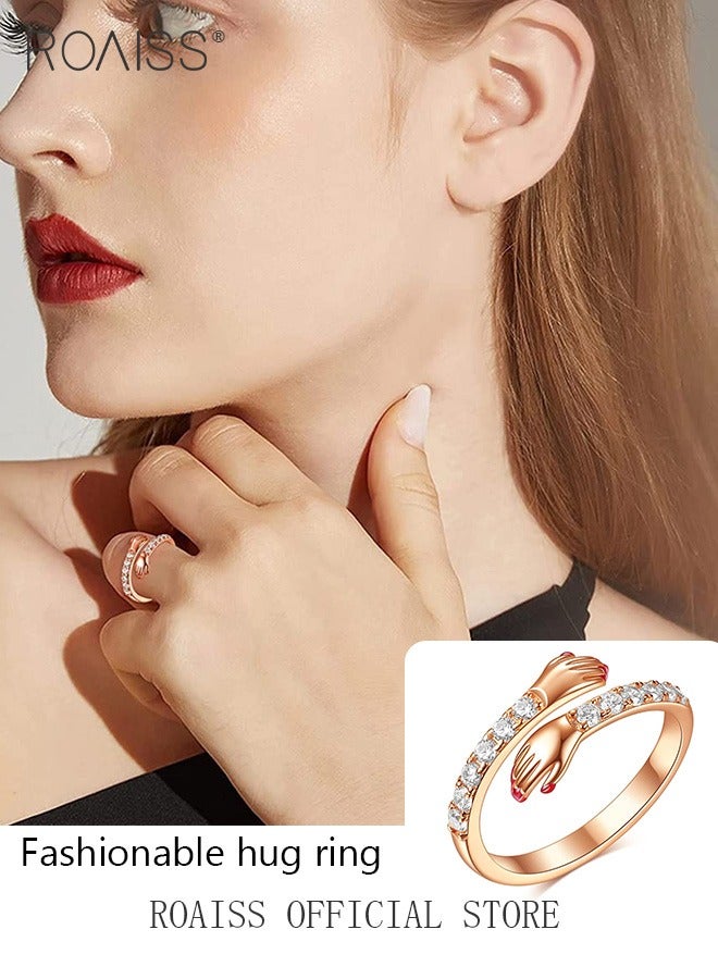 roaiss Women's Fashion Gold Ring, Embrace Design, Diamond-Studded Resin Ring, Adjustable Opening, Stylish Unique Jewelry for Anniversary, Holiday, Birthday Gifts, Rose Gold - Image 3