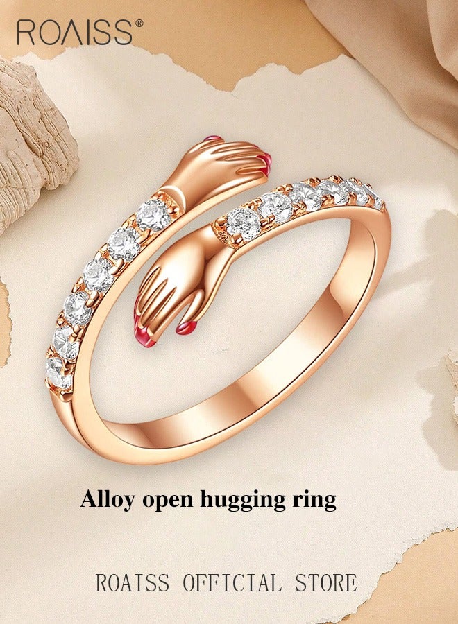 roaiss Women's Fashion Gold Ring, Embrace Design, Diamond-Studded Resin Ring, Adjustable Opening, Stylish Unique Jewelry for Anniversary, Holiday, Birthday Gifts, Rose Gold - Image 5