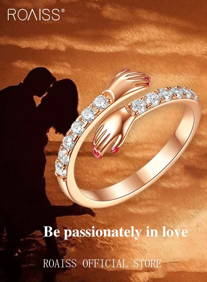 roaiss Women's Fashion Gold Ring, Embrace Design, Diamond-Studded Resin Ring, Adjustable Opening, Stylish Unique Jewelry for Anniversary, Holiday, Birthday Gifts, Rose Gold - Image 1