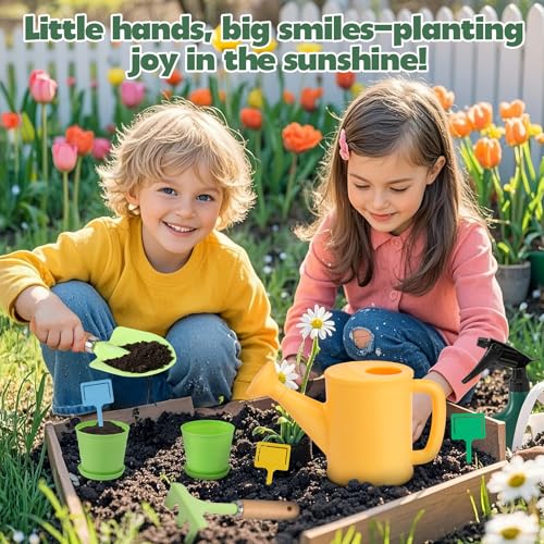 JOI MEW Kids Gardening Tools Set Garden Toys wWooden Handle Alloy RakeForkTrowel Watering CanGlovesTote BagPlant pots DIY Bookmark Kits Spring Summer Toy Outdoor Gift for Toddler Boy Girl - Image 5