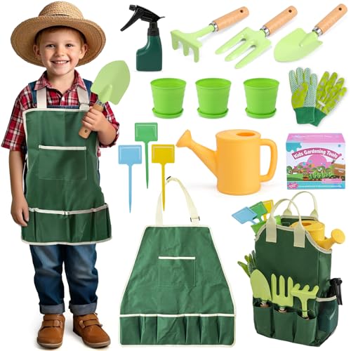 JOI MEW Kids Gardening Tools Set Garden Toys wWooden Handle Alloy RakeForkTrowel Watering CanGlovesTote BagPlant pots DIY Bookmark Kits Spring Summer Toy Outdoor Gift for Toddler Boy Girl - Image 1