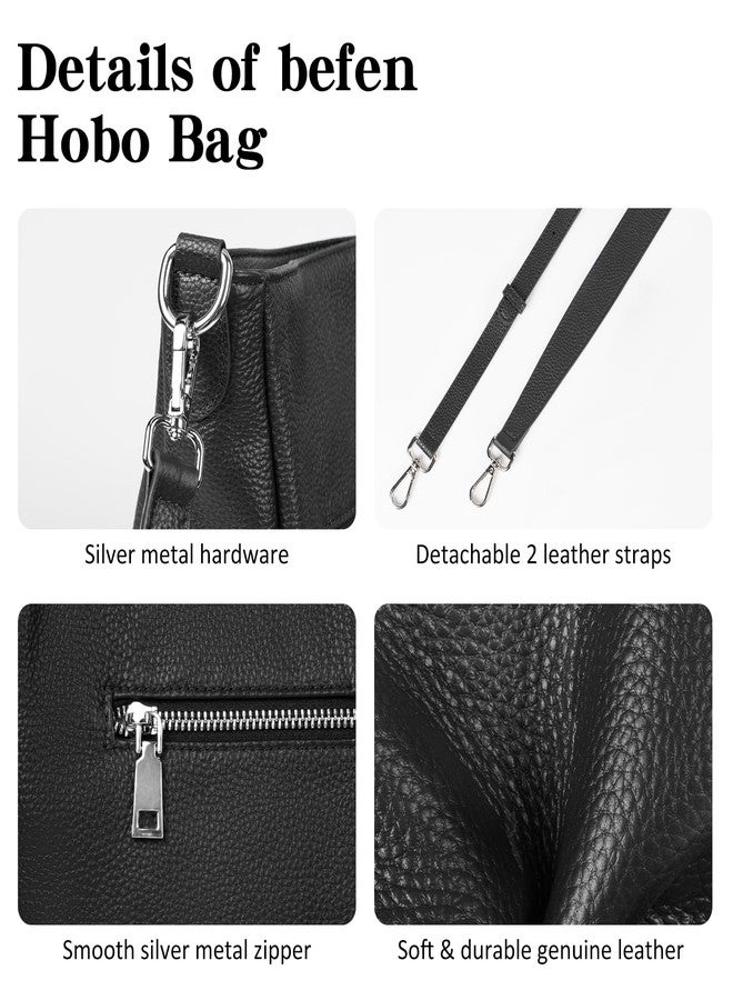 befen Black Genuine Leather Hobo Bags Purses for Women, Women's Shoulder bag Handbags Crossbody Bag with 2 Shoulder Straps - Image 4