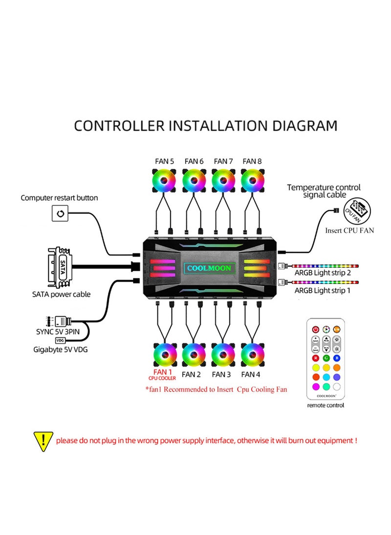 وحدة تحكم في درجة حرارة المروحة PWM مدمجة مع جهاز تحكم عن بعد للكمبيوتر ومحول إضاءة RGB و8 منافذ للتحكم في سرعة المروحة 4x10 منافذ ARGB 5 فولت مع مغناطيس