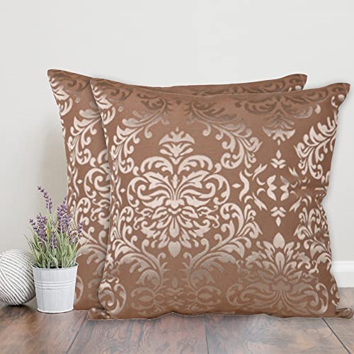 Home - The Best is for You Designer Self Design Cotton 275 TC Cushion Covers | Pack of 2 (Brown_Damask, 16X16 Inch) - Image 1