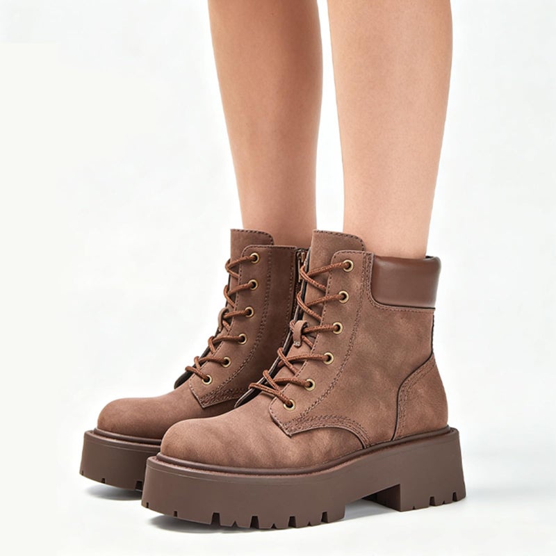 YZ Lace-up Combat Boots Ankle Bootie for Women-Water-Resistant Side Zip Platform Lug sole Boots (Brown, 8.5, Adult, Women, 8.5, Numeric, US Footwear Size System, Medium) - Image 3