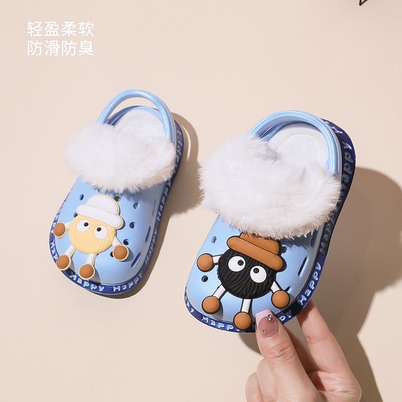 Fleece-Lined Cotton Slippers Men'S And Women'S Cartoon Bag With Warm Winter Indoor Non-Slip Children'S Hole Shoes - Image 4