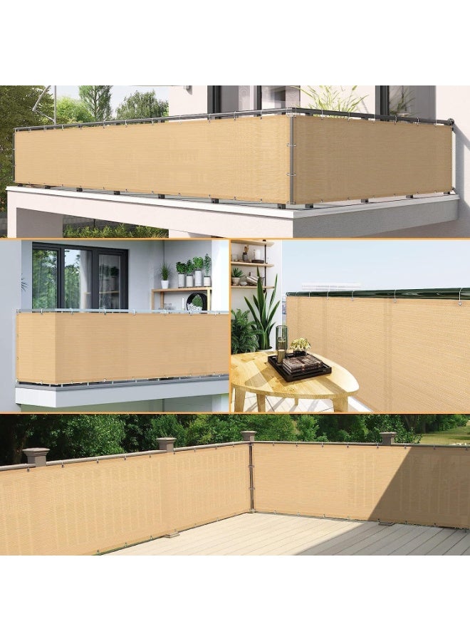 LINGWEI Balcony Privacy Screen Fence 0.9 x 5 Meter Beige – Windproof Mesh Shade Cover UV Protection with Grommets, Cable Ties & Rope - Image 1