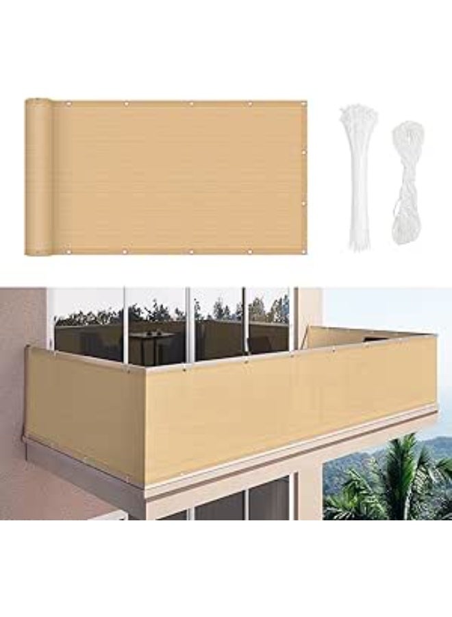 LINGWEI Balcony Privacy Screen Fence 0.9 x 5 Meter Beige – Windproof Mesh Shade Cover UV Protection with Grommets, Cable Ties & Rope - Image 2