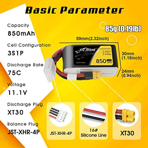 TATTU 11.1V 850mAh 75C 3S LiPo Battery Pack with XT30 Plug for 150 &180 Size Quadcopters - Image 2