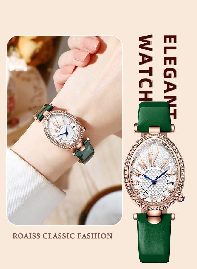 roaiss Women's Leather Strap Quartz Watch Analog Display Oval Dial Watch with Rhinestone Decoration and Green Band Waterproof Elegant Gift for Ladies - Image 1