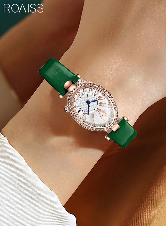 roaiss Women's Leather Strap Quartz Watch Analog Display Oval Dial Watch with Rhinestone Decoration and Green Band Waterproof Elegant Gift for Ladies - Image 2