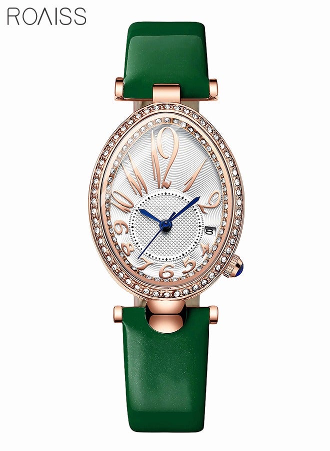 roaiss Women's Leather Strap Quartz Watch Analog Display Oval Dial Watch with Rhinestone Decoration and Green Band Waterproof Elegant Gift for Ladies - Image 4