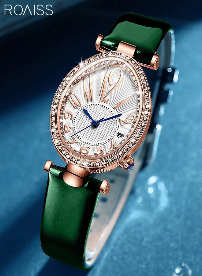 roaiss Women's Leather Strap Quartz Watch Analog Display Oval Dial Watch with Rhinestone Decoration and Green Band Waterproof Elegant Gift for Ladies - Image 3