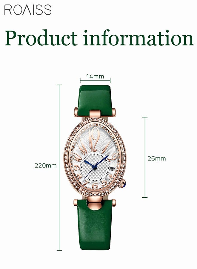 roaiss Women's Leather Strap Quartz Watch Analog Display Oval Dial Watch with Rhinestone Decoration and Green Band Waterproof Elegant Gift for Ladies - Image 5