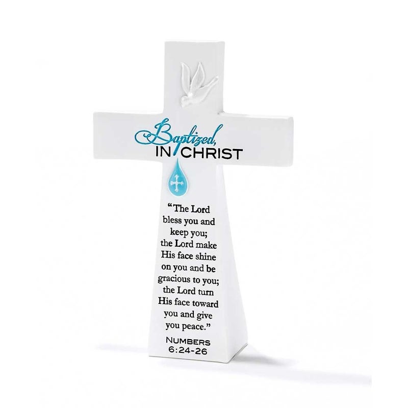 Dicksons Blue Baptized in Him White Resin Stone Table Top Cross