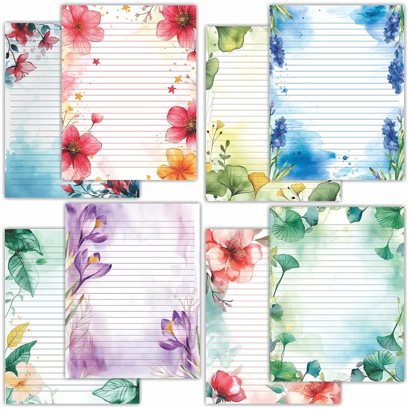 PARTH IMPEX 56 Sheets Watercolor Floral Lined Writing Paper 8.5x11 - Letter Size Ruled Stationery Letterhead Printer Paper - 120gsm Thick Decorative scrapbooking Colored Antique Aged Flowers Design - Image 1