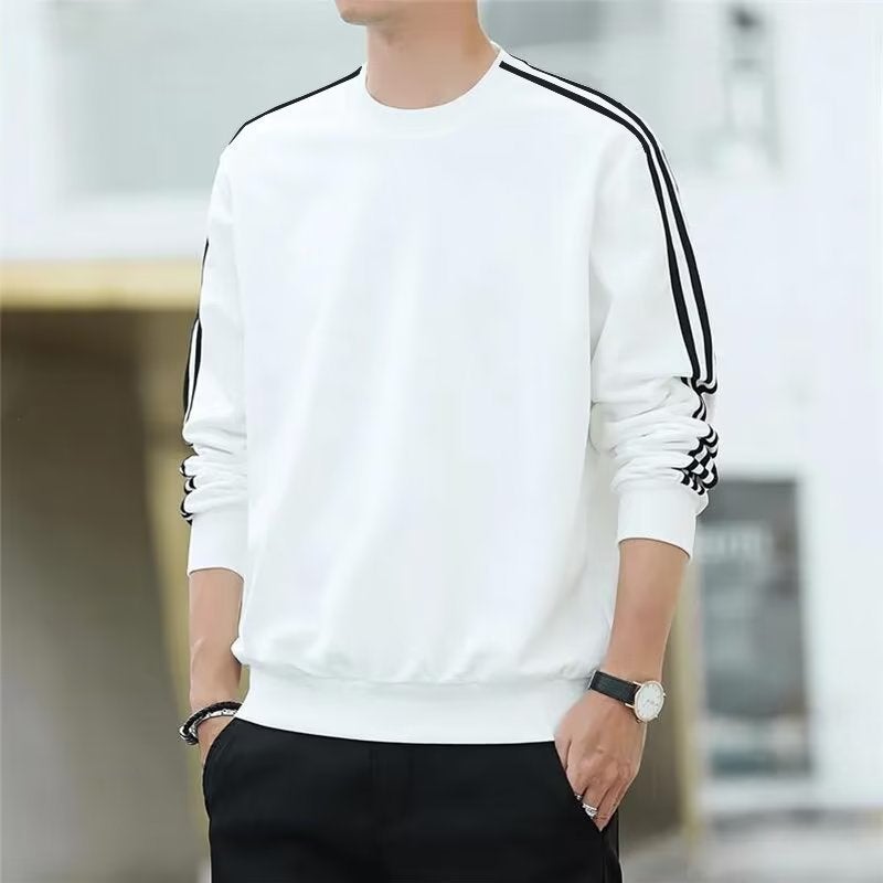 Spring and Autumn Thin Student Simple Round Neck Pullover Sweat Mens Fashion Brand Striped Handsome Casual Sports Class Clothes Top White - Image 4