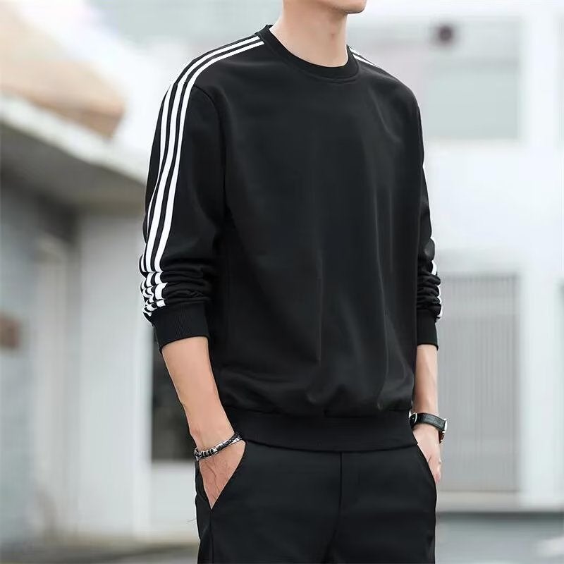 Spring and Autumn Thin Student Simple Round Neck Pullover Sweat Mens Fashion Brand Striped Handsome Casual Sports Class Clothes Top White - Image 5