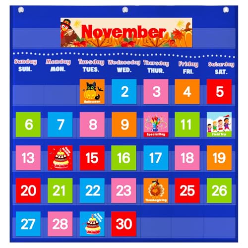AUVCAS Blue Calendar Pocket Chart for Classroom,School Pocket Calendar for Kids Learning for Home,Pre-k Homeschool Daycare Classroom Supplies for Teachers… - Image 1