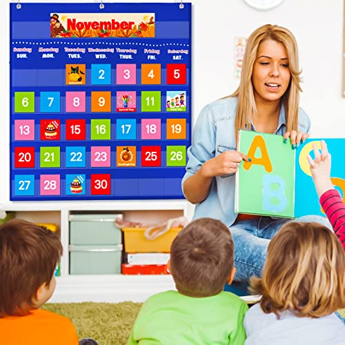 AUVCAS Blue Calendar Pocket Chart for Classroom,School Pocket Calendar for Kids Learning for Home,Pre-k Homeschool Daycare Classroom Supplies for Teachers… - Image 2