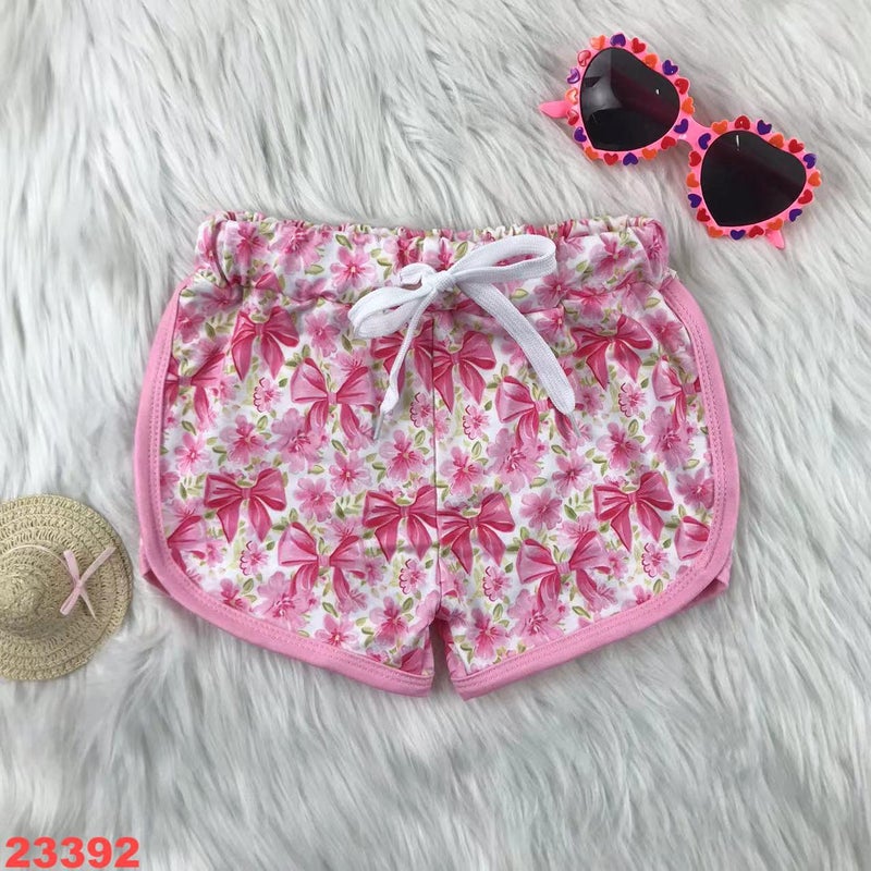 Children'S Clothing Girls New Pink Bow Flower Print Spring Milk Silk Sports Shorts - Image 2