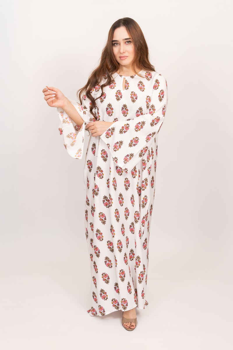 جلابية بيضاء من لينيل للنساء - فستان ماكسي محتشم بنقشة زهور، بياقة دائرية وأكمام واسعة، مريح للارتداء اليومي