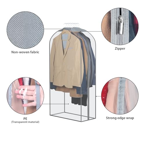 Zilink Breathable Garment Bags for Fur Coat 43” Suit Bags for Closet Storage Clear Leather Jacket Covers for Hanging Clothes with 10" Gussted Wrinkle Free for Leather Jacket, Fur Coat, Dress, Set of 4 - Image 5