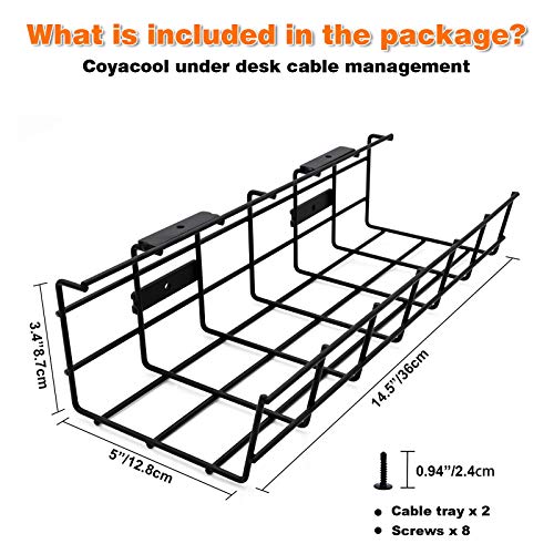 COYACOOL Under Desk Cable Management- 2 Pack Cord Organizer. Metal Wire Cable Management Tray for Office, Studio and Home. Super Sturdy Under Table Cable Management - Black Cable Organizer - Image 5