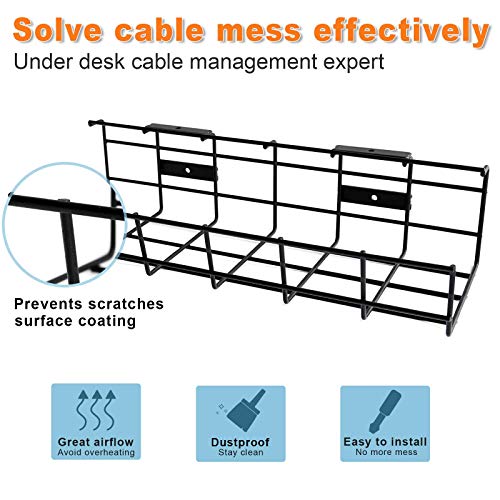 COYACOOL Under Desk Cable Management- 2 Pack Cord Organizer. Metal Wire Cable Management Tray for Office, Studio and Home. Super Sturdy Under Table Cable Management - Black Cable Organizer - Image 3