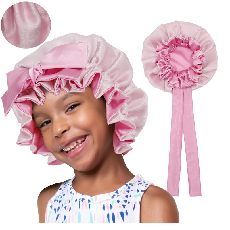brcok Kids Bonnet for Girls,Silk Satin Bonnets for Kids,Double Layer Tie Band Adjustable Sleep Cap for Child Curly Hair (US, Alpha, Medium, Large, Kids Violet&Pink) - Image 1